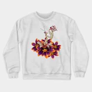 Original White and purple Praying Mantis on orange and Purple Tulips sipping on some Tea. Crewneck Sweatshirt